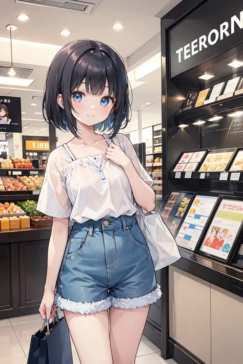 Photorealistic、Highest quality、Highest Resolution、Highest quality、８Ｋ、1人のBeautiful woman、Beautiful woman、Beautiful woman、cute、Bob cut hair、Dark Hair Color、Pale blue eyes、Casual Style、黒のcuteノースリーブ、Light blue shorts、cute厚底サンダル、smile、looks fun、sunny、Department...