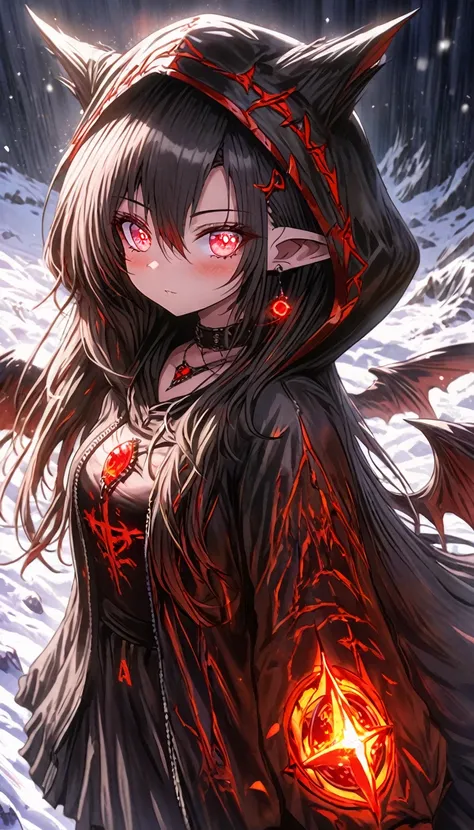 A woman with red eyes wearing a black cloak stands in the snow, Gothic Maiden Anime Girl, Nightcore, Beautiful Necromancer, Jan J, From Arknights, With eyes that glow red, Red eyes glow, Dark fantasy art, Glowing red eyes, Beautiful Necromancer girl, Cyber...