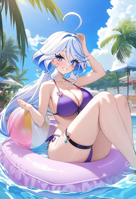 best aesthetic, Furina, 1girl, solo, long hair, breasts, looking at viewer, smile, bangs, very large breasts, really huge butt, big butt, swimsuit, cleavage, pink lipstick, kiss marks, outdoors, sky, day, bikini, cloud, tree, water, pedal, blue sky, purple...