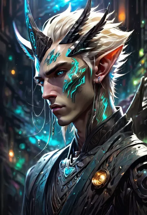 2 guys ethereal demonic 25 year old anime guy male druids, with metallic long pale blond hair, delicate masterpiece intimate delicate etched glowing neon tattoos, Fabulous full view painting of a winking beautiful and gorgeous elf ((male)) almost kissing, ...