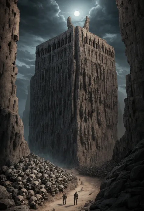 beautifully designed, high qualiy, ultra-detailed CG illustration of hundreds of human skulls embedded in a rock wall as far as the eye can see, Apocalyptic vision. 