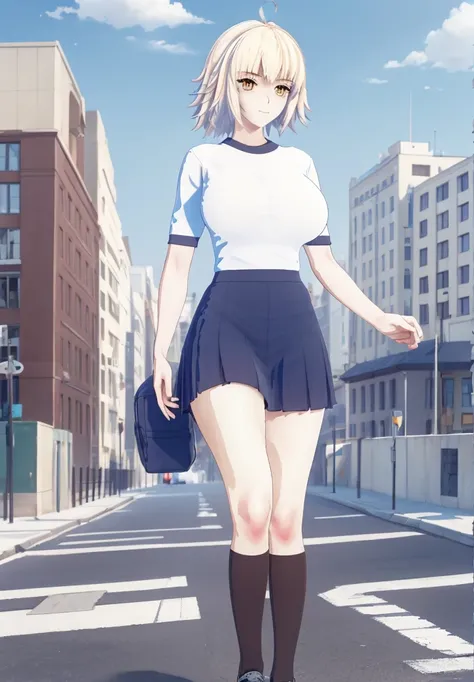 ((masterpiece, Best Quality, Distinctive image)), 1 girl, alone, alter of joan of arc, big breasts, Schoolgirl, School uniform, pleated skirt, seraph, White shirt, black skirt, looking at the viewer, standing, carrying a school backpack, cowboy shot, city,...