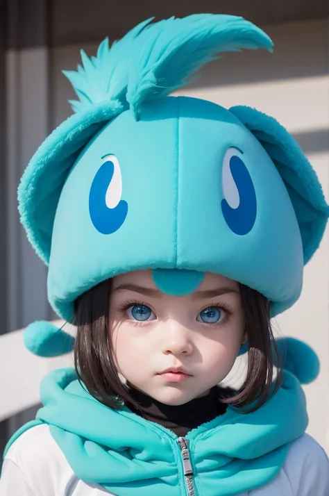 create a mascot shaped like the letter M in blue, greeneyes, baby&#39;s face