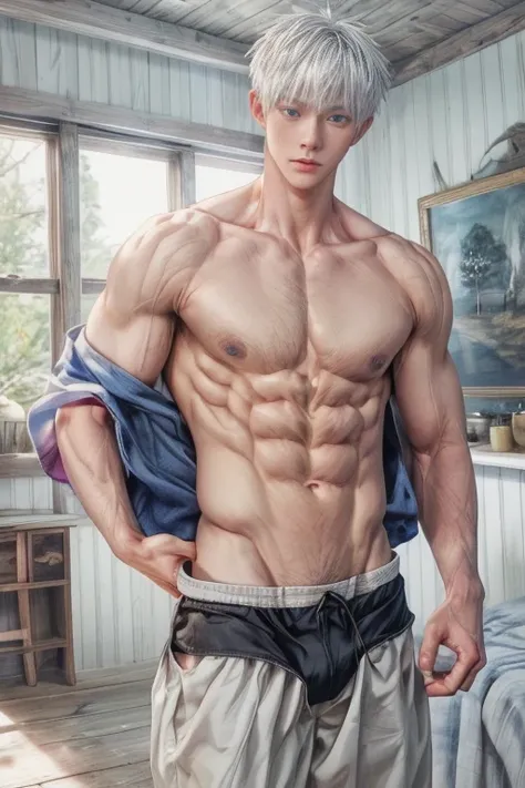 1boy, adult, handsome, perfect face, detailed eyes and face, clean shaved, muscular, capturing a rural atmosphere, dynamic lighting, unreal engine 5, hd picture, satoru gojo, white hair, short hair ,hair between eyes ,blue eyes, white skin