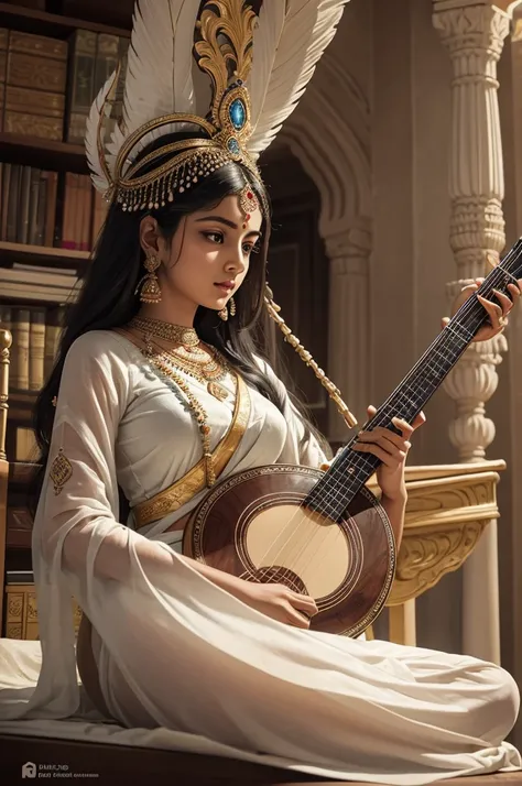 The Indian goddess Saraswati, a stunning and ethereal being, sits elegantly at a modern desk in a contemporary library. Her delicate features and porcelain skin radiate a soft, otherworldly glow, hinting at her divine nature. From behind, four graceful arm...