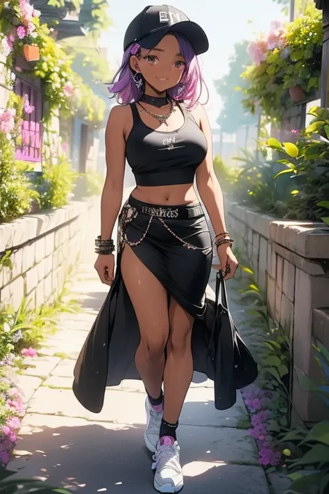 ((masterpiece, best quality, ultra-detailed)), 1girl, beautiful confident woman walking through a garden, smiling, pink tank top, midriff, bracelet, necklace, long black pencil skirt, white sneakers, black socks, wearing headphones and brim cap, full body,...