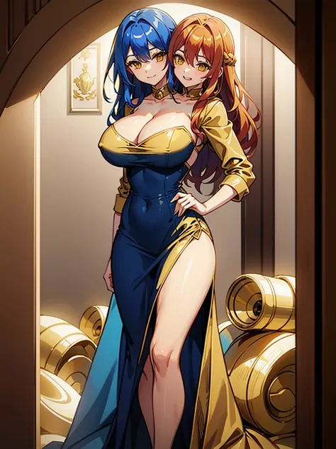 (16K), two headed woman, smiling, highres, masterpiece, ((red hair)), ((blue hair)), ((different hair color)), cleavage, ((golden yellow dress:1.5)), lustrous and smooth skin, (mature woman), (yellow eyes), ((queen dress)), seductive silhouette, ((slim hip...