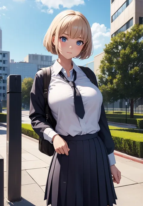 ((masterpiece, Best Quality, Distinctive image)), 1 girl, alone, alter of joan of arc, big breasts, Schoolgirl, School uniform, pleated skirt, seraph, White shirt, black skirt, looking at the viewer, standing, carrying a school backpack, cowboy shot, city,...