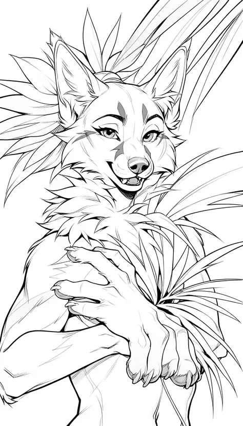 lineart drawing of furry fox paw and palm of hand wide open with  close up line art