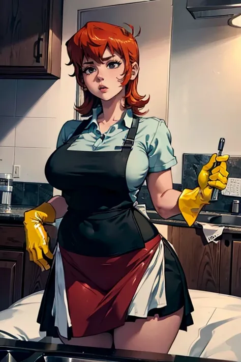 (High resolution,realist:1.2),beautiful,Cute mother and teenage son in a kitchen, mother with yellow gloves, mother with apron, mother with red and sexy underwear, lifts her skirt to show her underwear. Her son hugs her , mother angry look, your son in lab...