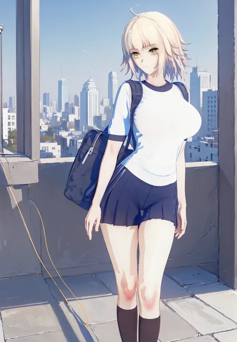 ((masterpiece, Best Quality, Distinctive image)), 1 girl, alone, alter of joan of arc, big breasts, Schoolgirl, School uniform, pleated skirt, seraph, White shirt, black skirt, looking at the viewer, standing, carrying a school backpack, cowboy shot, city,...