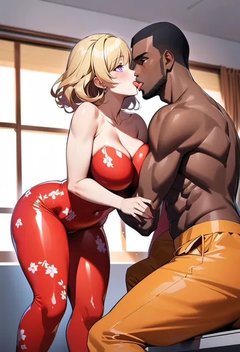 (1 young man), (1 asian Mom), (Duet), A mom seduces a young blackman，（strong and naked black man，short pantuscle body，bodybuilder），（a young mom with big breasts，narrow waist，bare shoulders，(red catsuit dressed, floral print, naked）, European 40 year old mi...