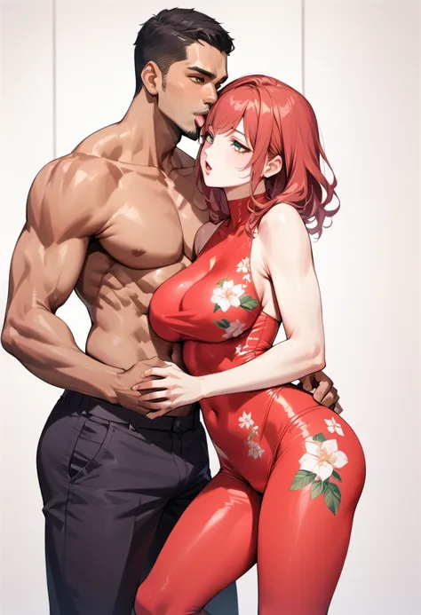 (1 young man), (1 asian Mom), (Duet), A mom seduces a young blackman，（strong and naked black man，short pantuscle body，bodybuilder），（a young mom with big breasts，narrow waist，bare shoulders，(red catsuit dressed, floral print, naked）, European 40 year old mi...