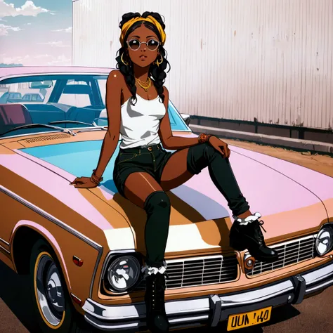 An Anime dark skin African American woman  dressed in 90s hipster attire sitting on the trunk of a yellow  vintage car. The Entire car is in view. 