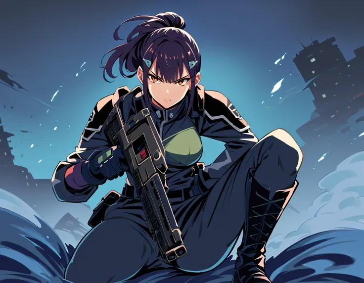 Mina Ashiro - Kaiju No 8 , sexy, kaiju no. 8 uniform, ready to attack a kaiju, holding a advanced rifle weapon, tied hair, cute hairstyle, serious look, gloss lips, sit, sinister, front look, tactical gear, tactical boots, tactical gloves, full body shot, ...