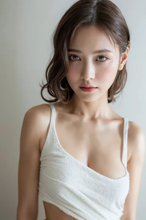 ((Highest quality, 8k, masterpiece :1.3)), One girl, Beautiful woman with slim abdominal muscles :1.3, (Random Hairstyles, Huge breasts :1.2), Wrapped in a bath towel :1.2,  Highly detailed face, Fine grain, double eyelid、Japanese women