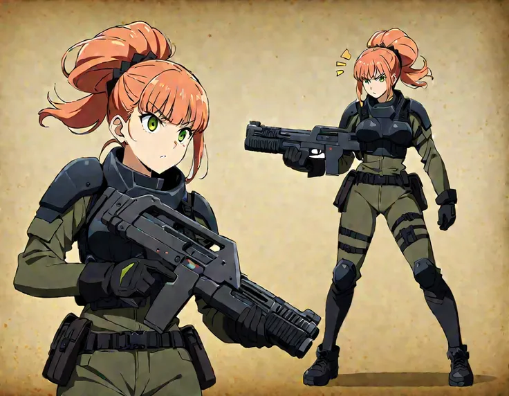 1 girl, kikoru shinomiya from kaiju no. 8, green eyes, sexy, black tactical armor , holding a advanced rifle weapon, aiming her ...