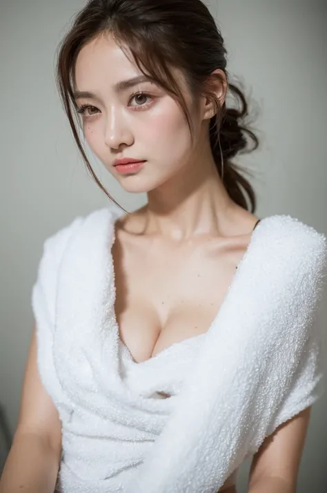 ((Highest quality, 8k, masterpiece :1.3)), One girl, Beautiful woman with slim abdominal muscles :1.3, (Random Hairstyles, Huge breasts :1.2), Wrapped in a bath towel :1.2,  Highly detailed face, Fine grain, double eyelid、Japanese women