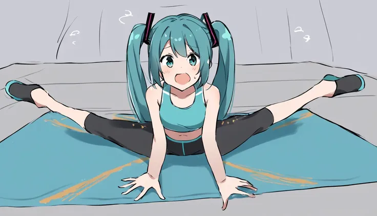 Hatsune_Miku, sports bra, mini Sweatpants, One girl, Sitting, On the floor, Split Horizon, stretch, horizontal splits, stretch regs, hands on floor, yoga mat