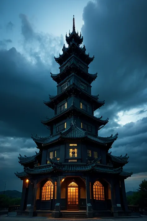 A building modeled after a black dragon、Horror atmosphere、Dark clouds and thunder