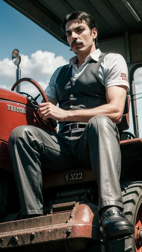 Freddie Mercury driving a tractor 