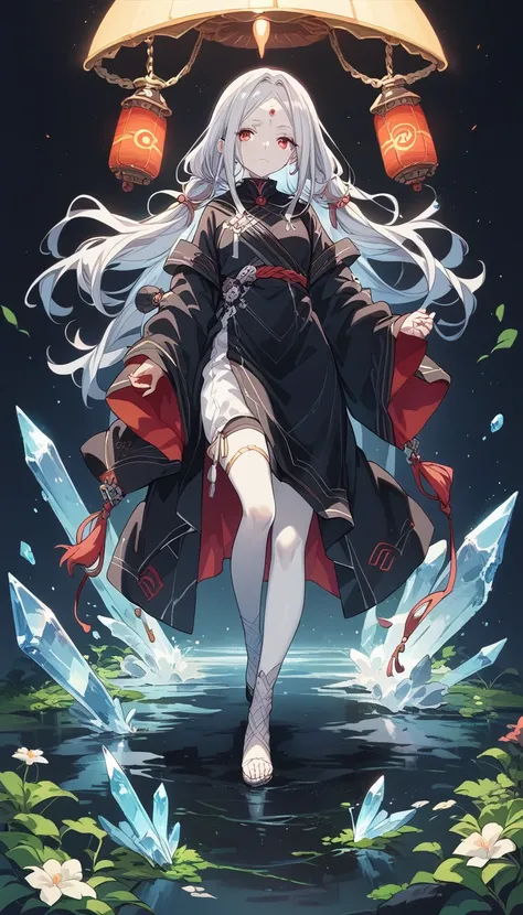 score_9, score_8_up, score_7_up, source_アニメ, full body, woman, Crystal on forehead, Silver Hair, White skin, Red Eyes, Black Robe, Black hood, Lantern in hand, Frightened expression, program, (simple background)