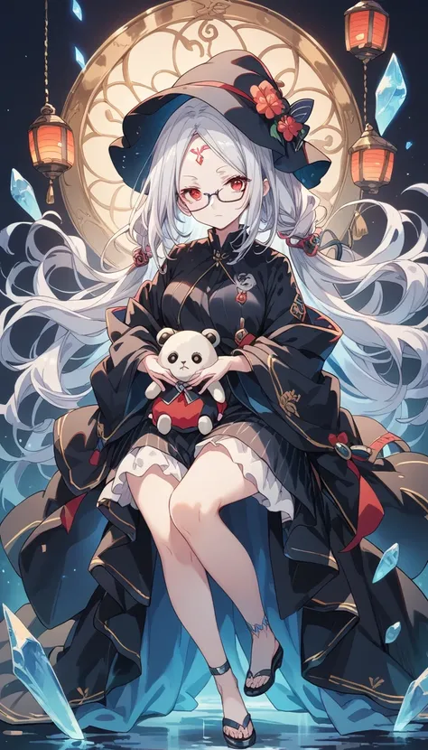 score_9, score_8_up, score_7_up, source_アニメ, full body, woman, Crystal on forehead, Silver Hair, White skin, Red Eyes, Black Robe, Black Hat, Black-rimmed glasses, Carrying a stuffed toy on his back, Lantern in hand, Frightened expression, program, (simple...