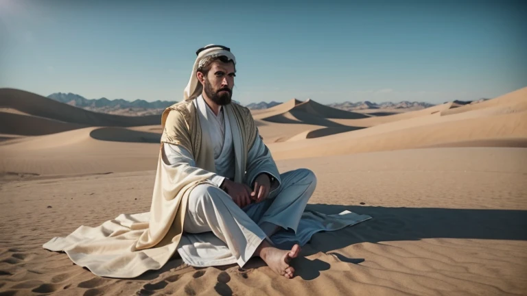 Create a realistic epic image of Abraham in the desert sitting on a pad in Arabic robes youtube format