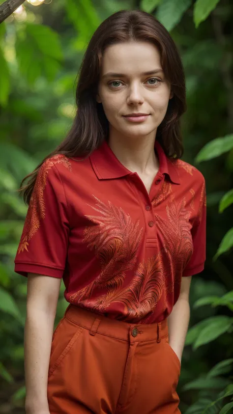 closeup headshot of s223_charliered,a beautiful woman,in a (jungle:1.1),wearing a (vibrant-polo-shirt:1.15),(sunset:1.1),(8k, ra...