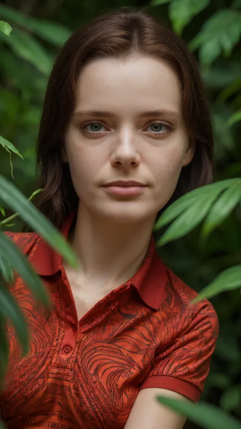 closeup headshot of s223_charliered,a beautiful woman,in a (jungle:1.1),wearing a (vibrant-polo-shirt:1.15),(sunset:1.1),(8k, ra...