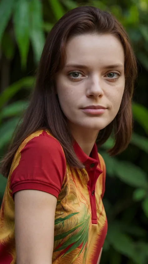 closeup headshot of s223_charliered,a beautiful woman,in a (jungle:1.1),wearing a (vibrant-polo-shirt:1.15),(sunset:1.1),(8k, ra...