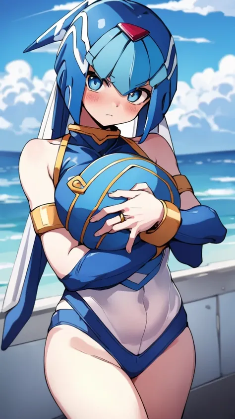 Leviathan_Megamanz, 1 Girl ,Looking at the viewer , blue hair, Blue eyes,Clouds background , Blushed, Wedding ring, Glasses, Holding a baby girl in hands, 