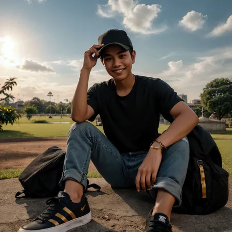 Cinematic photography of a young man from Indonesia with short-cropped hair, wearing a baseball cap, wearing a black t-shirt, long jeans, sneakers, sitting in the park while carrying a backpack, and a calm view. The sky was a bright blue, and the sun cast ...