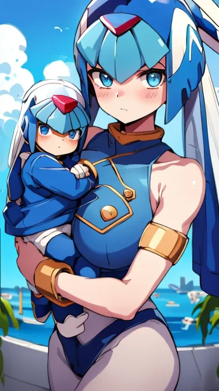 Leviathan_Megamanz, 1 Girl ,Looking at the viewer , blue hair, Blue eyes,Clouds background , Blushed, Wedding ring, Glasses, Holding a baby girl in hands, 