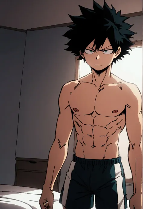 He is a 17 year old teenager, He has slightly disheveled very black hair..., somewhat light green eyes, (front angle ) , (all body), disgusted face , muscular body , He is dressed in the anime shorts. "my hero academia", without the shirt, just with boxer ...