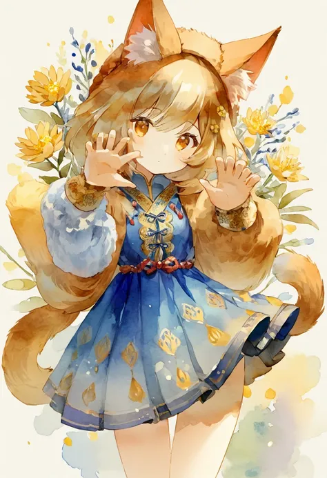 Watercolor elements, 1girl, kemono, furry, detailed body fur, animal face, animal hand, unfocused spread of gold flower, 