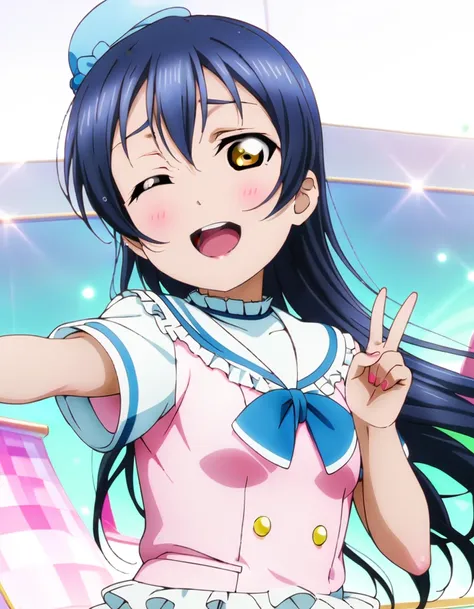 masterpiece, best quality, ultra detailed, highres, 4k, (ultra-detailed:1.4), (illustration:0.5), (ray tracing,:0.8), (anime colored:0.7), (ai-generated:0.5), (anime screencap:0.8),
1girl, solo,
sonoda umi, love live!
smile, one eye closed,
gyaruv,
v,