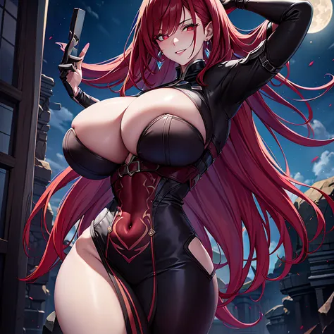 young woman, red hair, lolita hair, sardas no rosto, pale skin, smiling, in one storm city, wearing soldier outfit, moon in the background, 4k, Demon queen, demon wings, crown, red outfits and black. sexy pose, (NSFW), anime, anime screencap, gigantic brea...