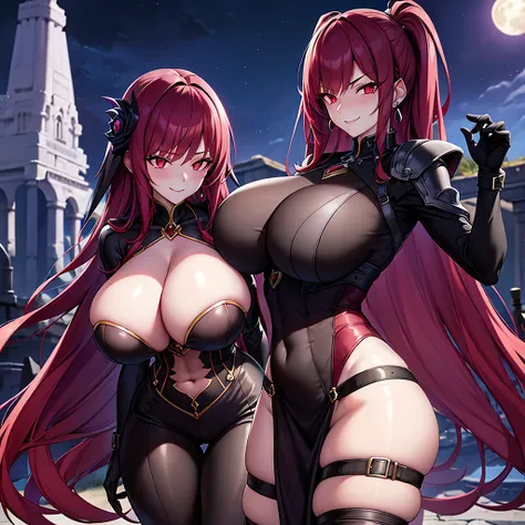 young woman, red hair, lolita hair, sardas no rosto, pale skin, smiling, in one storm city, wearing soldier outfit, moon in the background, 4k, Demon queen, demon wings, crown, red outfits and black. sexy pose, (NSFW), anime, anime screencap, gigantic brea...