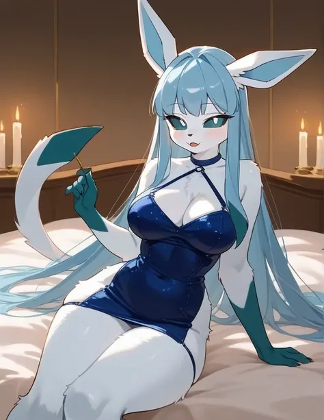 alone, score_9,score_8_up,score_7_up,(fluffy anthro furry :1.3), ultra-detailed, glaceon, buxom, with curvy hips, in a blue short mini dress, black sklera, whate eyes, seductive look(detailed), looks at the viewer, lies in bed in a seductive pose, waiting ...