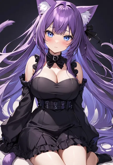 1girl, Blue eyes, Long Hair, Bangs, Purple Hair, Breasts, Blush, black collar, cat ears, purple cat tailc, black clothes