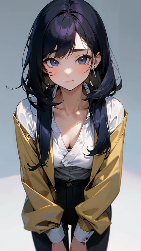 One girl, he is short、10th Generation、There is a childishness、young、solo, High resolution, Long Hair, smile, Shortcuts, Black Hair,short hair、 Simple Background, accessories, Earrings, Anatomically correct, Soft Light, Textured skin, Office Style、Navy jack...