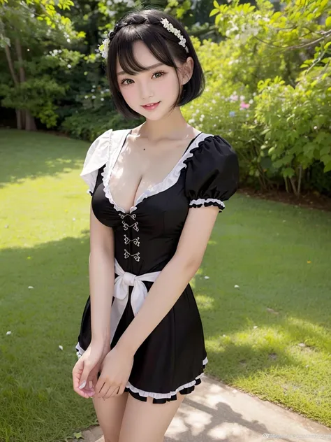 Highest quality、masterpiece、8k、Very detailed、Realistic、Looking at me with a smile、whole body、Black Hair、Short Hair、Small face、Slender、Big Breasts、Thin and beautiful legs、narrow and constricted waist,、Dirndl