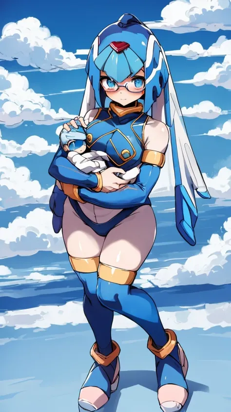 Leviathan_Megamanz, 1 Girl ,Looking at the viewer , blue hair, Blue eyes,Clouds background , Blushed, Wedding ring, Glasses, Holding a baby girl in hands, full body 