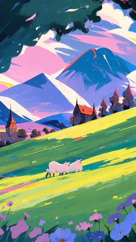 spring,Alps, chalets, sheep, blue sky, white clouds, meadows, trees, many flowers, distant mountains,There is a castle in the distance, tranquillity, shepherd boys, rocks