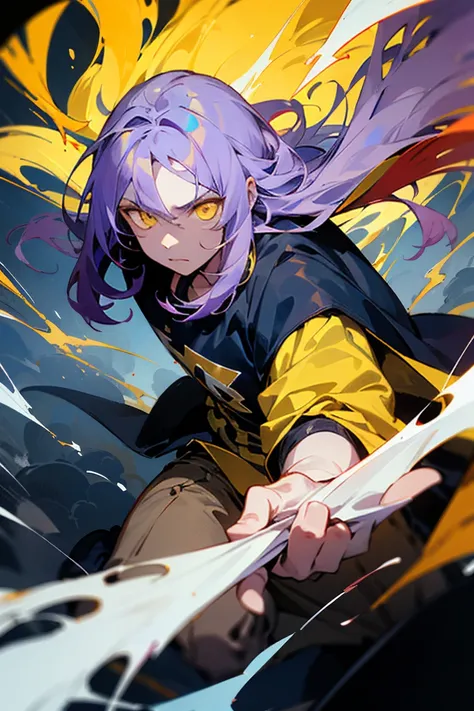 ((melhor qualidade)), ((obra de arte)), (detalhado), Male, purple hair with Yellow streaks, lightning, Yellow eyes, glowing eyes, dark clothes, Thunder