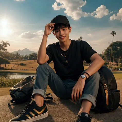 Cinematic photography of a young man from Indonesia with short-cropped hair, wearing a baseball cap, wearing a black t-shirt, long jeans, sneakers, sitting in the park while carrying a backpack, and a calm view. The sky was a bright blue, and the sun cast ...