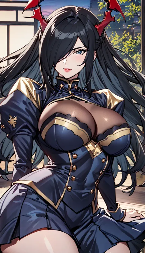 Anime, 1 girl, solo, kimtag, friedrich der Grosse, friedrichs hairstyle, grosse hairstyle, hair over one eye, long black hair, denim colored eye, seductive smile, big And round buson, busty, firm plump body, geneticss uniform , Juliet sleeves, deep cleavag...