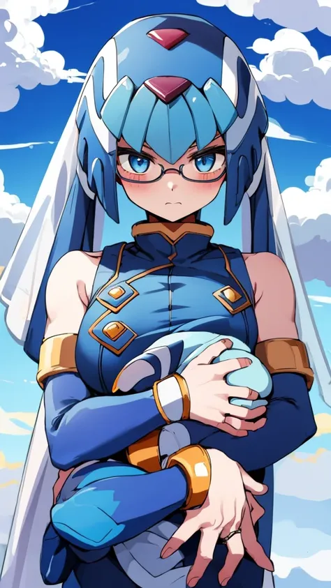 Leviathan_Megamanz, 1 Girl ,Looking at the viewer , blue hair, Blue eyes,Clouds background , Blushed, Wedding ring, Glasses, Holding a baby girl in hands