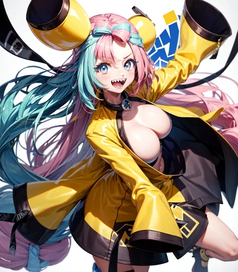 Highest quality、masterpiece、Anime Style、Big Breasts,Pink hair and blue eyes、Yellow Jacket、Please raise your right hand、Lower your left hand、Stand only on your right foot、Raise your left leg。Sharp teeth、smile、White Background,Nanjamo,No text